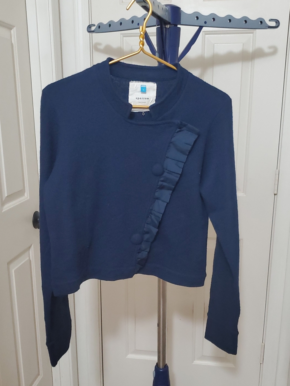 sparrow Navy Ruffle-Trim Buttoned Knit Cardigan